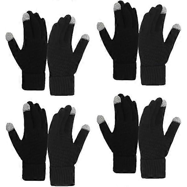 Vinterhandsker til kvinder med touch screen, termiske handsker med elastisk håndled, 4 par, sort