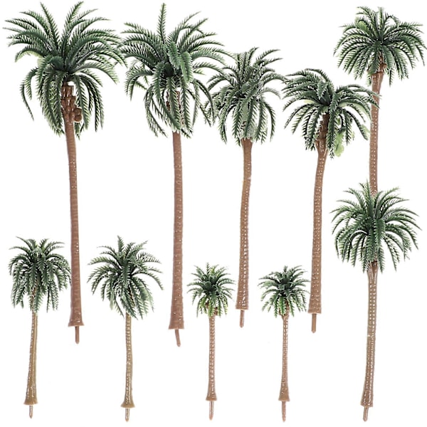 10 stk. Rainforest Plastik Palme Træ Model Layout Rekvisitter Tropisk Landskab DIY Håndlavet Materiale Mini Kokospalme Model Grøn (16CM, 13CM, 10CM, 8CM, 7C