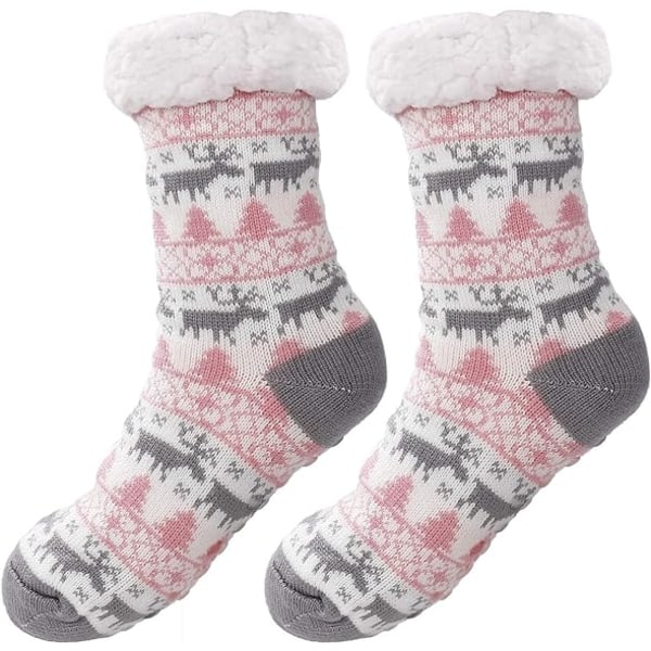 #Pink julesokker til kvinder, skridsikre sokker, Vintervarme Non-S#