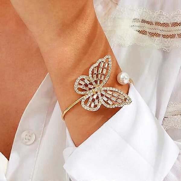 Guld Krystal Sommerfugl Perle Armbånd Hul Zirkon Sommerfugl Armbånd Åbent Justerbart Armbånd Smykkegave Kvinder Piger