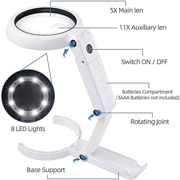 Suurennuslasi (Valkoinen) 8 LED-valolla, 5X 11X Käsikäyttöinen ja Taitettava