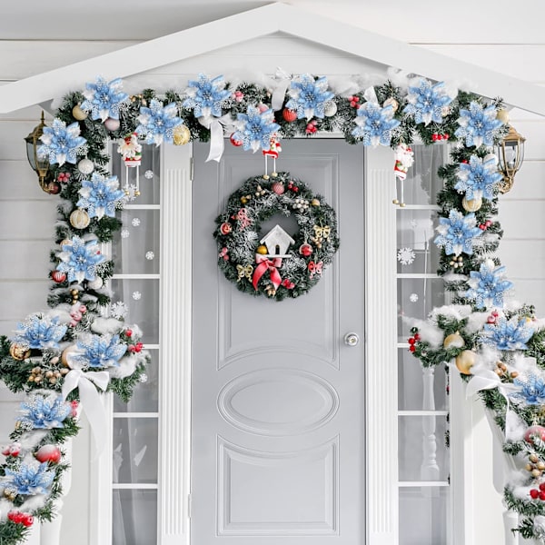#(Lyseblå, 12 stykker) 5,7 tommer kunstige juleglitterblomster Juletreblomstdekorasjon#