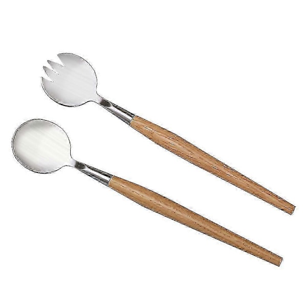 2 st Rostfria Stål Gafflar Salladsbestick Set Salladsservrar Tänger Salladssked Gaffel Trä Bordsservis
