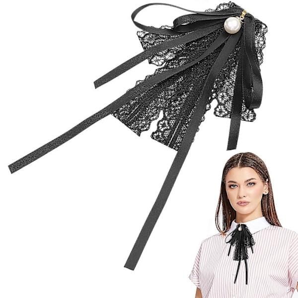 Dam Flickor Förknuten Spetsband Rosett med Faux Pärla Elegant Fluga med Brosch för Fest Bröllop Examen