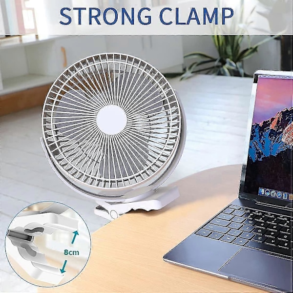 20 cm 10000 mAh akkukäyttöinen klipsikiinnitteinen tuuletin, kannettava USB-tuuletin, 4 nopeutta, tehokas ilmavirta, tukeva kiinnike, valkoinen