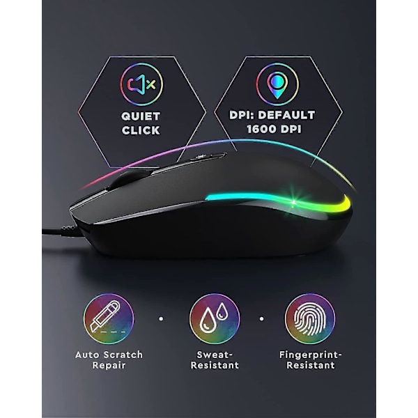 Langallinen hiiri, Led RGB -taustavalaistu hiiri 1,5 metrin USB-kaapelilla, 1600 DPI hiljainen ergonominen kannettava