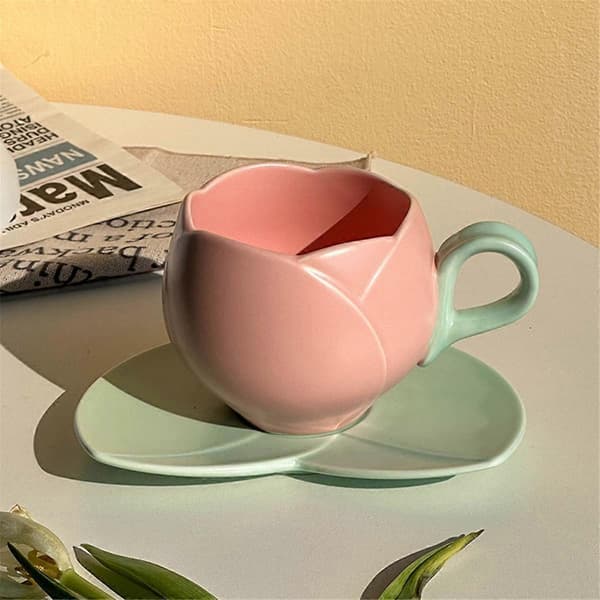 300ml Blomformad Keramisk Kaffe Tulpan Kopp Tekopp Fat Keramisk Drickskopp Tulpan Mugg, C