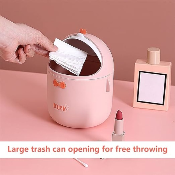 (Rosa) Mini Skrivbords Papperskorg med Lock, Bärbar Söt Cartoon Stil