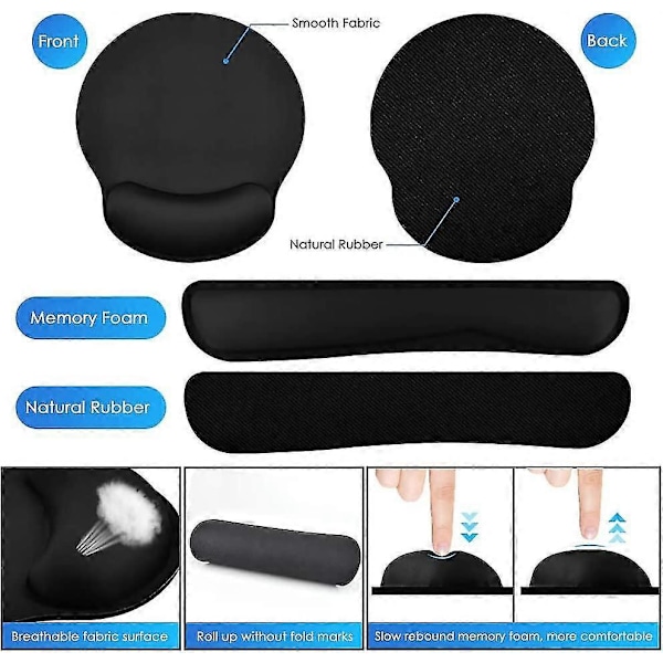 Musmatta, Ergonomisk musmatta + tangentbords handledsstöd set för dator/laptop, halkfri gummibas memory foam handledsstöd set för lindring Getti