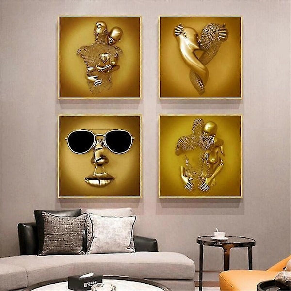 Kärlekshjärta 3D-effekt Väggkonst Abstrakt Metallskulptur Canvas Modern Målning Väggdekor 3040cm Guld-