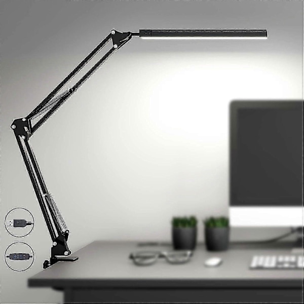 Kraftig LED Skrivebordslampe med Klemme - Øjenvenligt LED Lys - 3 Lysindstillinger x 10 Lysstyrkeniveauer - Sort