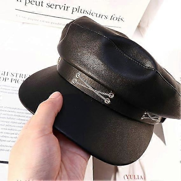 PU Läder Dam Newsboy Kepsar, Baskerhatt med Skärm för Trendiga Damer Flickor, Litterär Cool Målarmössa Svart