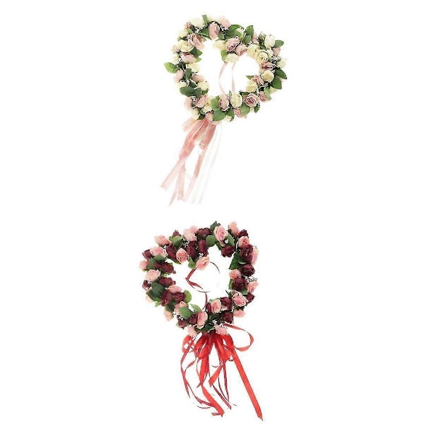 2 Styk Hjerteform Kunstig Silke Rose Blomsterkrans Vinduesophæng Dekoration