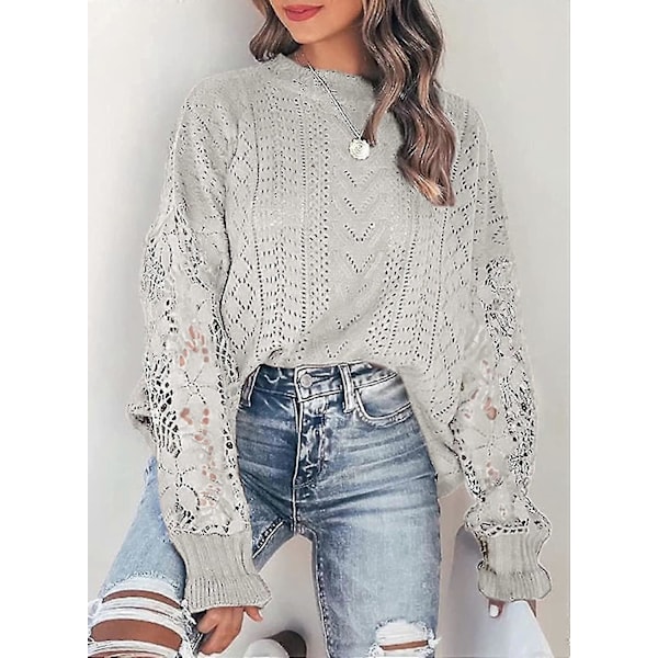 Dame Blonde Hæklet Langærmet Rundhals Striktrøjer Vinter Strik Pullover Jumper Toppe