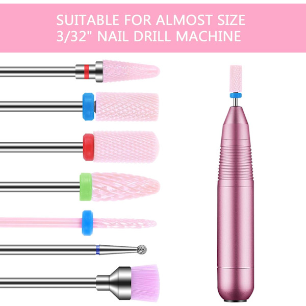 Rosa 7-delad set med keramiska nagelfräsbits - Professionell för att ta bort gellack