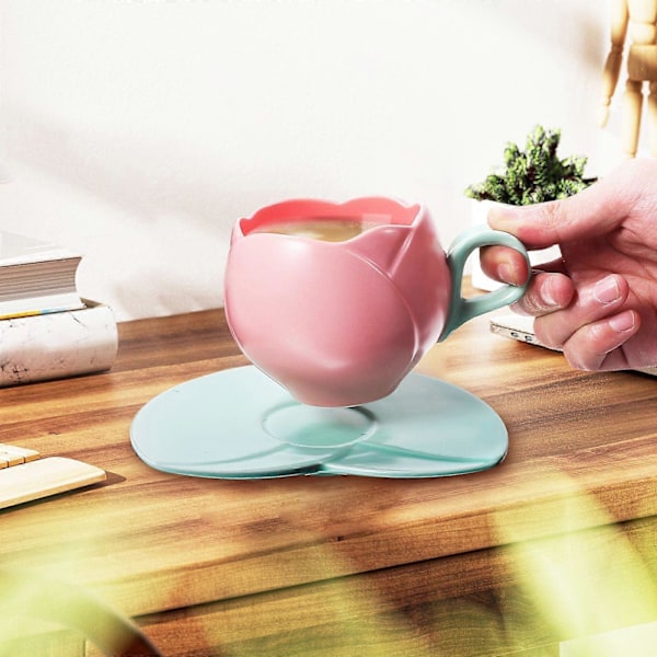 Keramisk Kopp med Fat Set Retro Stil Tulpanblomma Keramisk Kaffemugg för Hemmakontor Kök