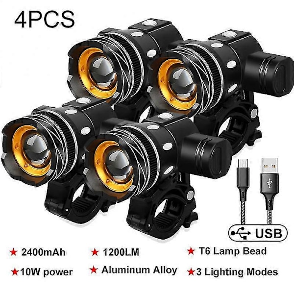 4 stk. LED Sykkellys Front 1200 Lumen Type-c USB Oppladbar Lampe Sykkelhode