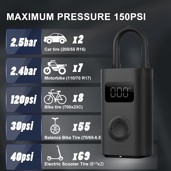 Bærbar luftkompressor 1S - cykelpumpe dæk oppustelig bil elektrisk