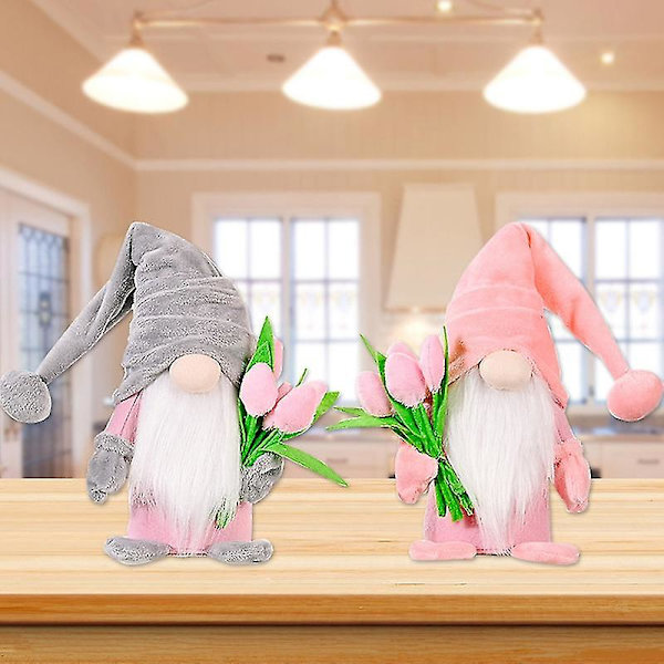 Gnome Docka Söt Långt Vitt Skägg Tyg Tulpanbukett Klassisk Svensk Ansiktslös Dockdekor För Mors Dag Rosa