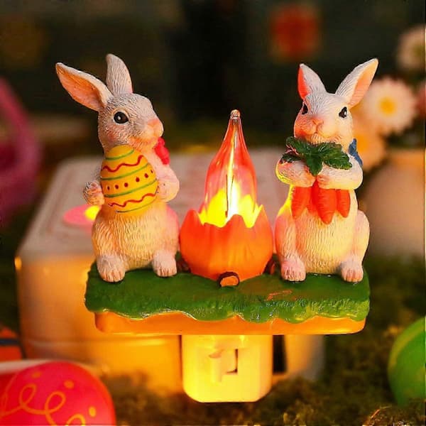 Easter Bunny Campfire Flickering 3D Rabbit Night Light Plug-in, Rabbits Campfire Flicker Flame Night Light, Rabbits Figurine Lamps, Easter Or[D]