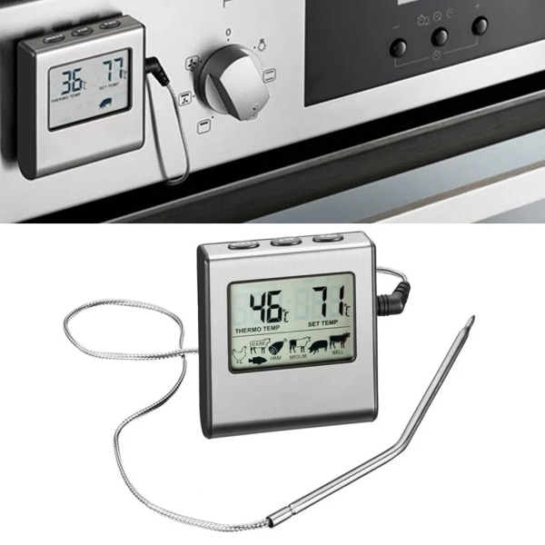 #1PCS Digitalt Kjøkkentermometer med Sonde Stor LCD-skjerm Timer og Forhåndsinnstilt Temperaturtermometer for Baking Grill og Kjøtt#