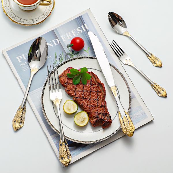#5 dele rustfrit stål porcelæn guld bestik sæt#