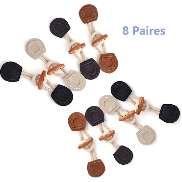 8 Par Hornknapper, Træ Pu Læder Hornknapper, Horn Toggle