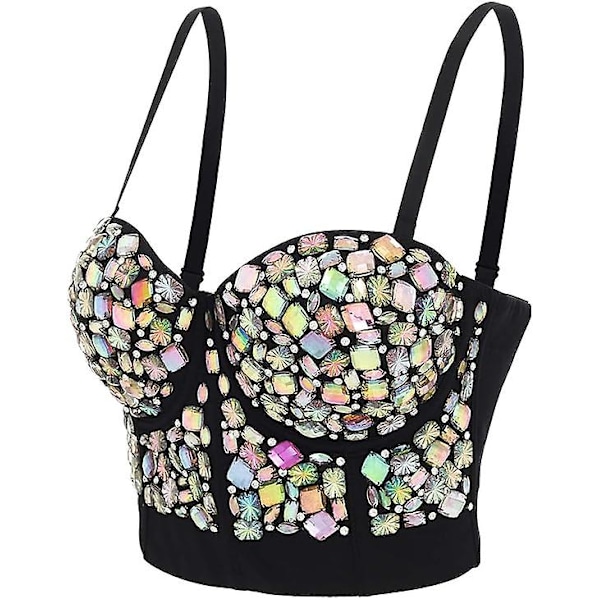 Strassikorsetti, rintaliivit, crop top, musta timantti, yökerho, rave, strassitopit, koruja naisille