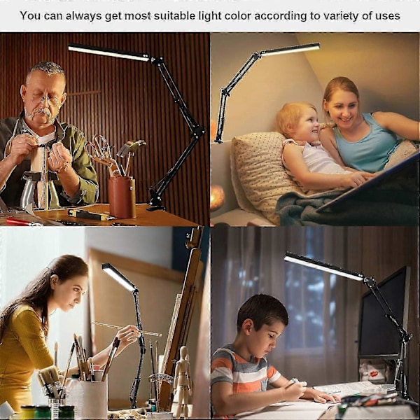 Kraftig LED Skrivebordslampe med Klemme - Øjenvenligt LED Lys - 3 Lysindstillinger x 10 Lysstyrkeniveauer - Sort