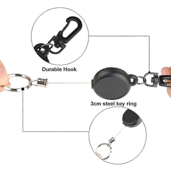 Kraftig Uttrekkbar Nøkkelring Badge Reel Klips (svart) (2 stk)