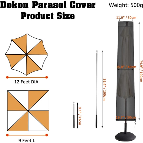 Parasolbetræk 2m til 4m, (190x30/40/50cm) - Robust Sort 420D
