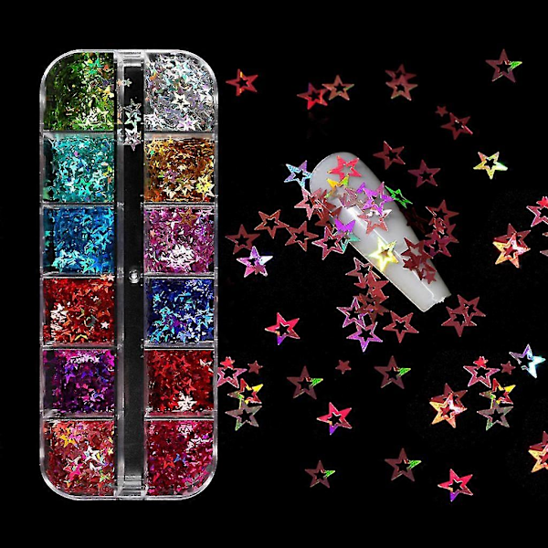 12 Fack/låda Holografiskt Glitter Ihåliga Stjärnor Form Pailletter Epoxiharts Fyllning