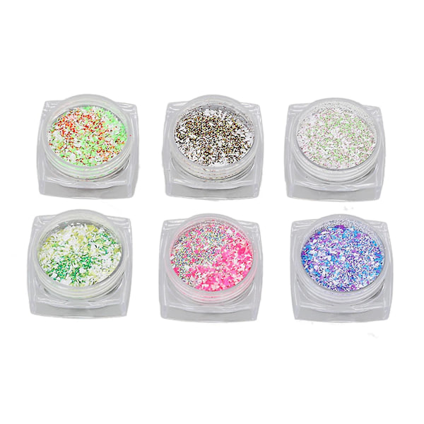6 Lådor Nagelkonst Glitterpulver Blandad Färg Superfin Manikyr Dekoration Damm Sand för Nagelsalong