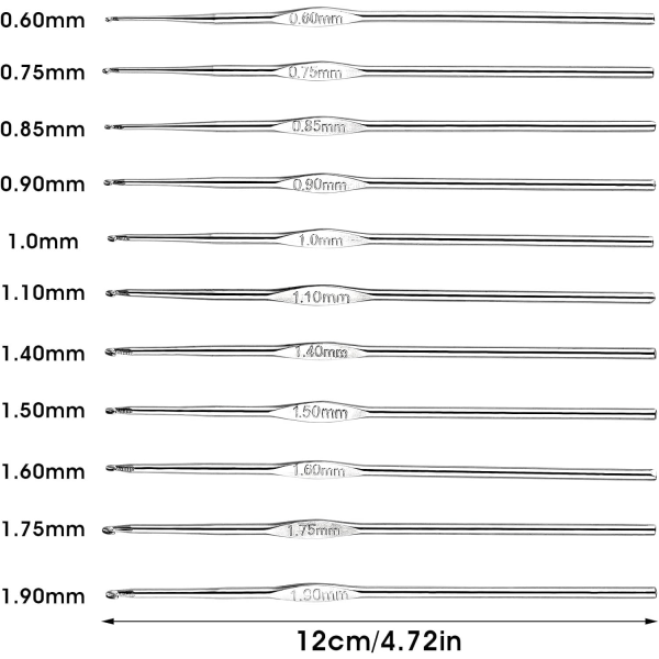 #Heklenåler Sett Stål, 12 stk Små Heklenåler 0,6mm til#