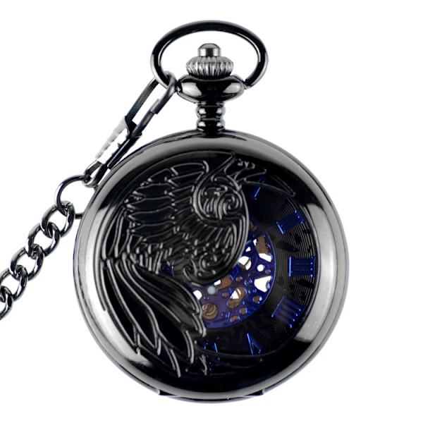 #U Ørn/Engel/Fenix Blå Romertal Urværk Lommeur Stål Skelet Vedhæng Halsk Sort#