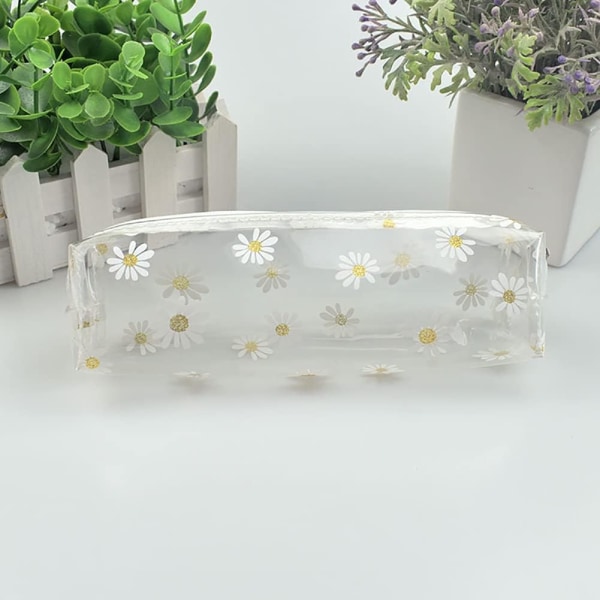 2-pack genomskinligt pennfodral med daisy-motiv i plast, pennfodral, kosmetikväska