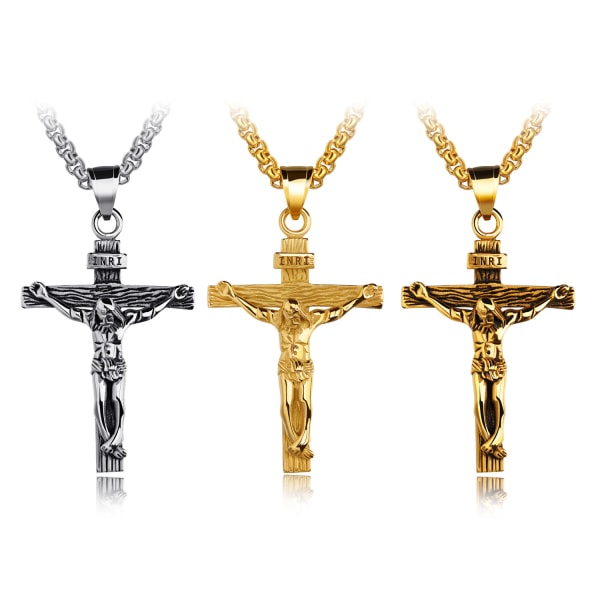 #Sæt med 3 rustfrit stål Jesus Christ Cross Pendant halskæde til mænd 7 mm Bredde Kæde#