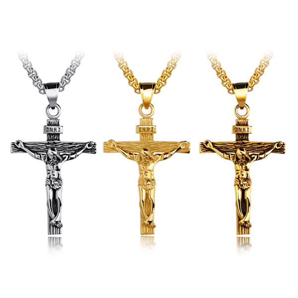 #Set med 3 Jesus Kristus Kors Hängande Halsband i Rostfritt Stål för Män 7mm Bredd Kedja#