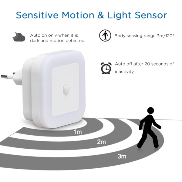 2 stk. Natlampe 0,5W Automatisk LED Lampe med Fysisk PIR Bevægelsessensor