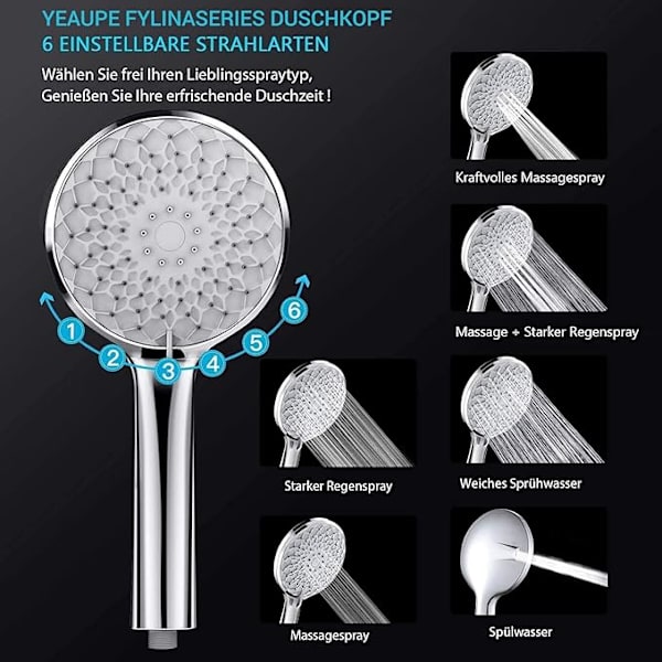 Handdusch med Spraypistol, Duschhuvud 6 Munstyckstyper, Silver