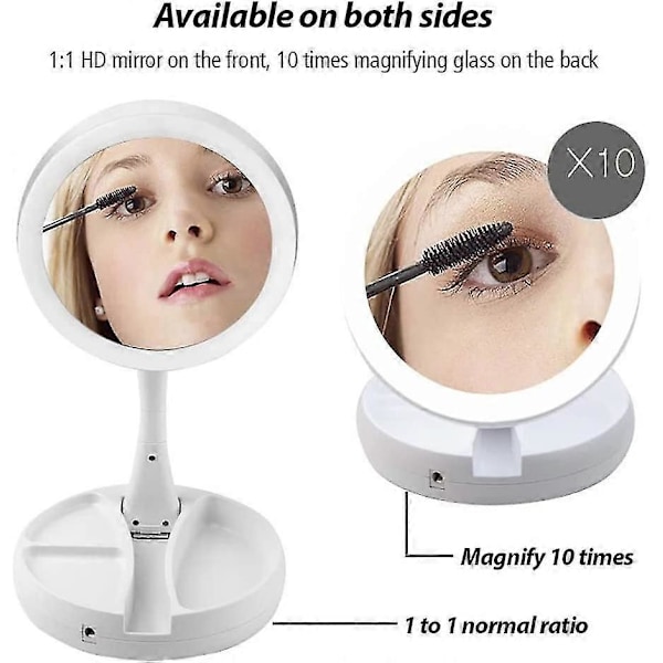 LED Foldbart Makeup Spejl Med 1x/10x Forstørrelse, LED Lysende Dobbeltsidet Bord Kosmetik Spejl USB Lysende Bærbart Opbevaringsspejl Til Bord