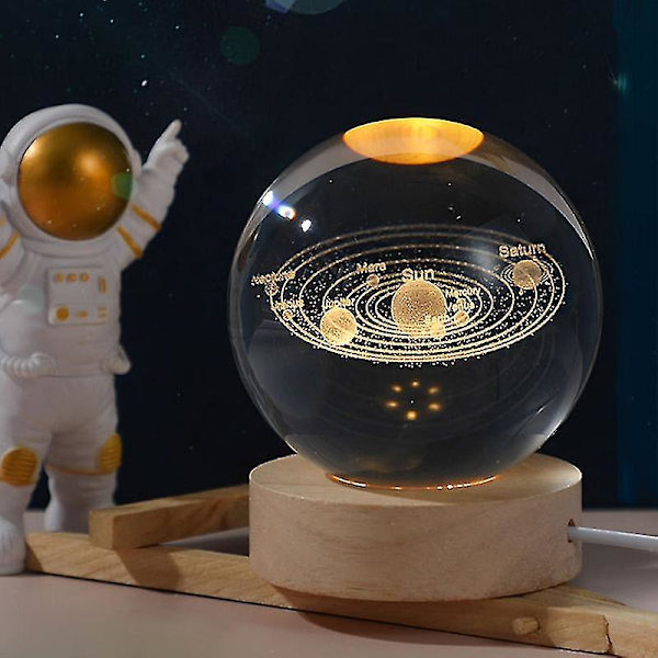 3D Kristallkula Kristallplanet Lasergraverad Solsystem Glob Astronomi Glas Sfär Heminredning Varm Ljusbas