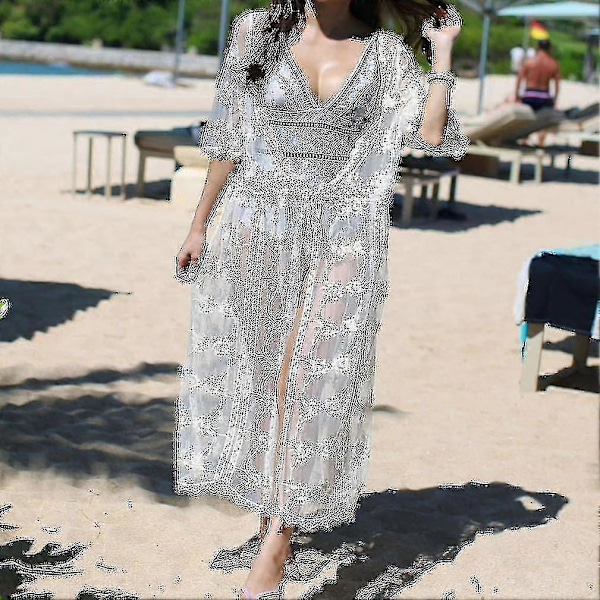 Spetsad Cardigan för Kvinnor Strandkläder Lång Solskydd Bikini Cover Up