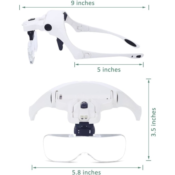 Suurennuslasit 2 LED-valolla - Valoisa Suurennuslasi Etupuolen Suurennuslasi Lukemiseen, Kaikkiin Tarkkuutta Vaativiin Töihin, Korjauksiin, Ompelemiin, Koruihin, Kellon ja Käsitöihin - 5 Irrotettavaa Linsiä (1.0X - 3.5X)