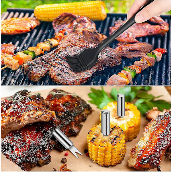 BBQ-työkalusetti, 16 kpl ruostumattomasta teräksestä valmistettuja BBQ-välineitä grillaukseen säilytyslaatikolla/lastalla/haarukalla/pihdeillä/varrasilla ja harjalla