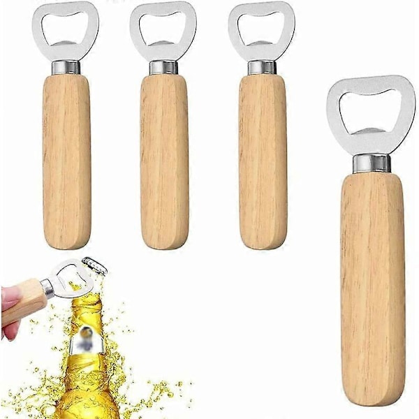 4 Delar Ölflasköppnare med Trähandtag, Flasköppnare med Trähandtag, Träflasköppnare, Ölflasköppnare med Trähandtag för Hemmet, Kit