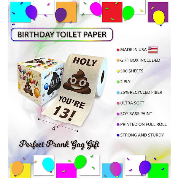 Trykt TP Holy Poop You're 13 Trykt Toalettpapir Spøkegave  Gratulerer med 13-årsdagen Morsomt Toalettpapir For Beste Spøk