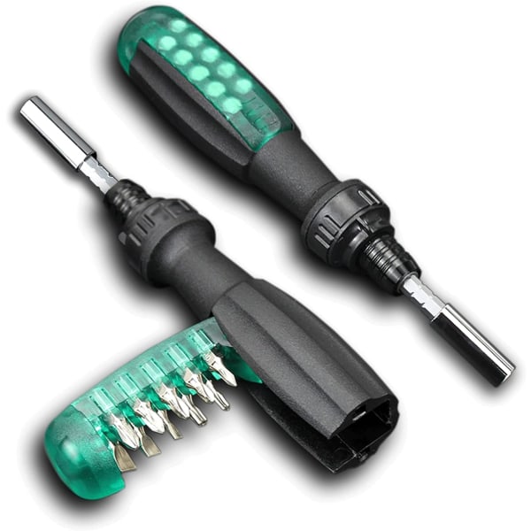 Ratsj-skrutrekker med magnetisk bit, 10 i 1, liten lomme, Gr