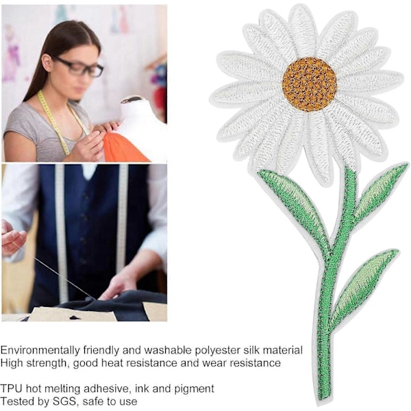 10 stk. Blomsterlapper, broderte hvite tusenfryd strykelapper for klær, sy på lapper sett, broderilapp for jeans, jakke, hatt, ryggsekker
