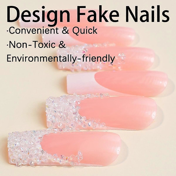 24 st Vita Fransk Manikyr Tryck på Naglar Lång Kista Falska Naglar Vita Rhinestones Glitter Design Heltäckande Konstgjorda Naglar